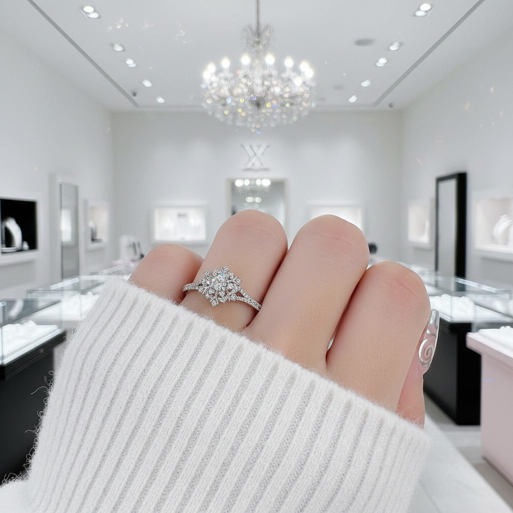 14K White Gold 0.3ct 4mm Diamond Snow Flake Engagement Ring-Black Diamonds New York