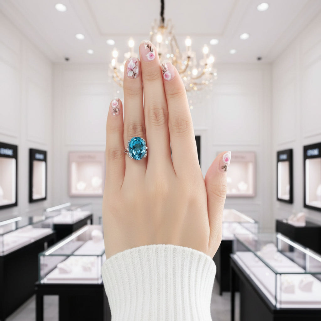 14K White Gold 10.3ct Oval Swiss Blue Topaz Diamond Option Ring-Black Diamonds New York
