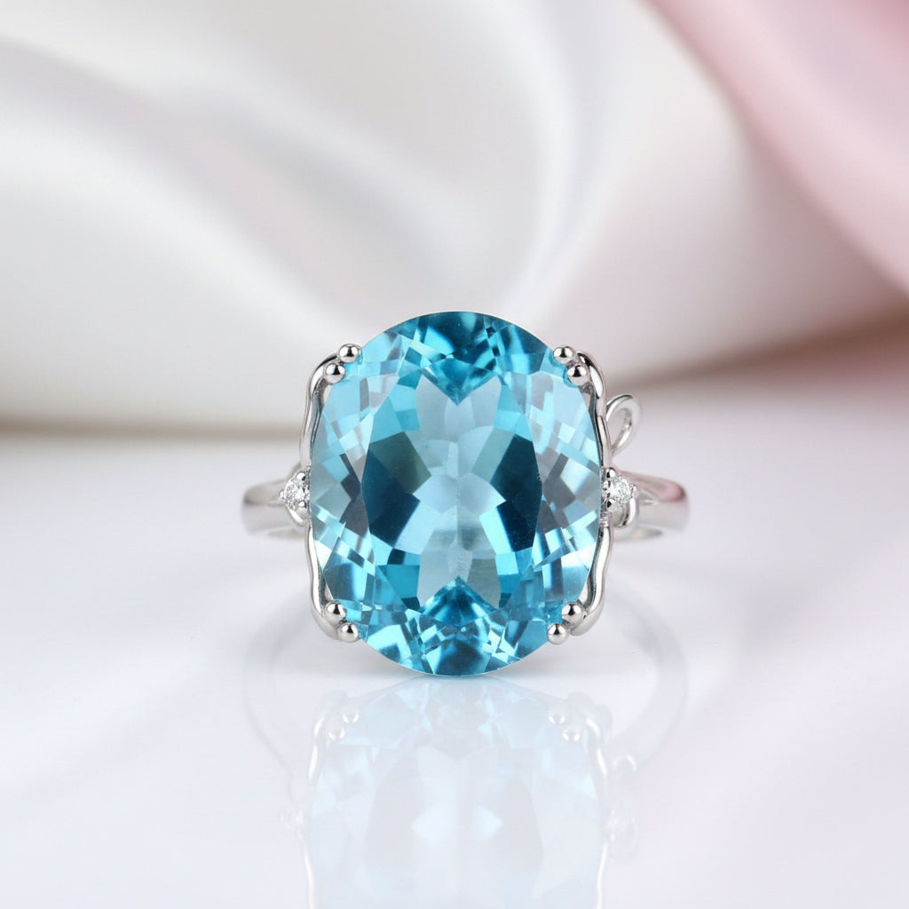 14K White Gold 10.3ct Oval Swiss Blue Topaz Diamond Option Ring-Black Diamonds New York