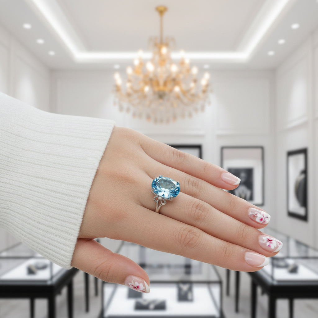 14K White Gold 10.3ct Oval Swiss Blue Topaz Diamond Option Ring-Black Diamonds New York