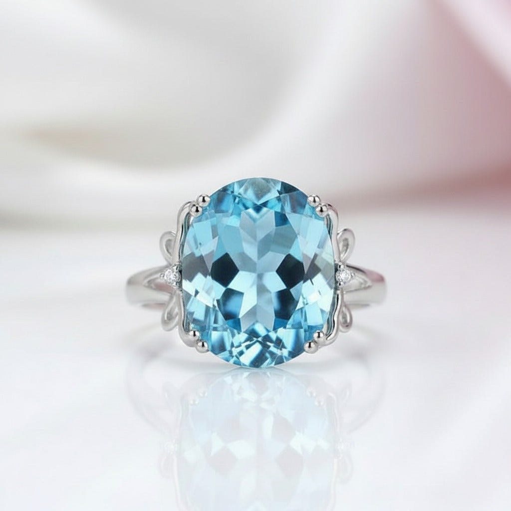 14K White Gold 10.3ct Oval Swiss Blue Topaz Diamond Option Ring-Black Diamonds New York