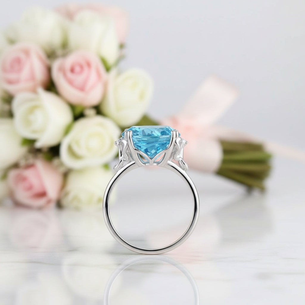 14K White Gold 10.3ct Oval Swiss Blue Topaz Diamond Option Ring-Black Diamonds New York