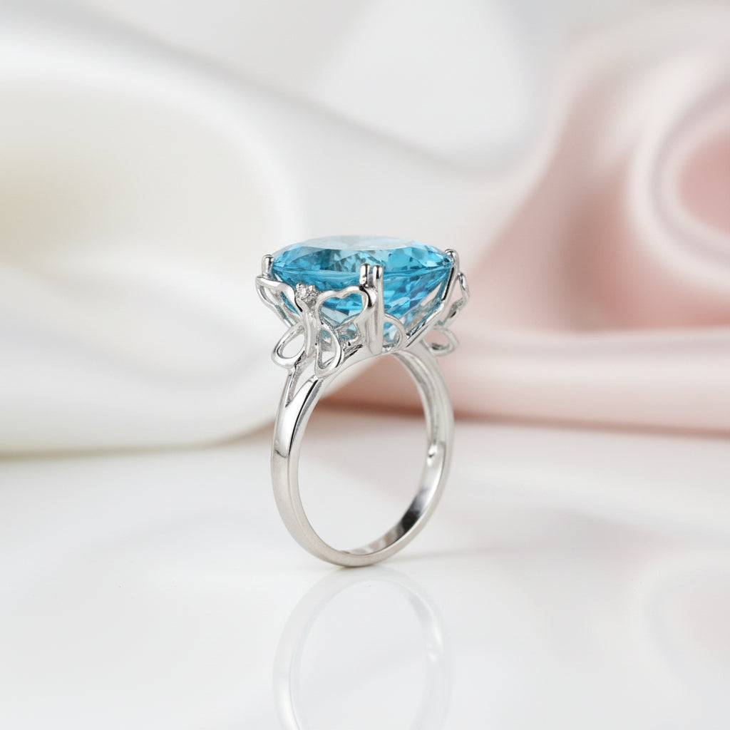 14K White Gold 10.3ct Oval Swiss Blue Topaz Diamond Option Ring-Black Diamonds New York