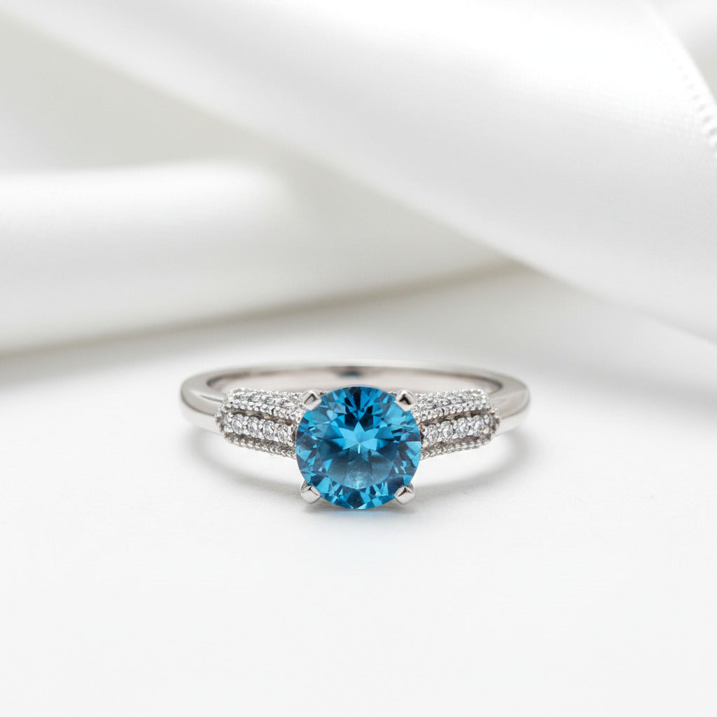 14k White Gold 1.2 Ct London Blue Topaz & Diamond Option Ring-Black Diamonds New York
