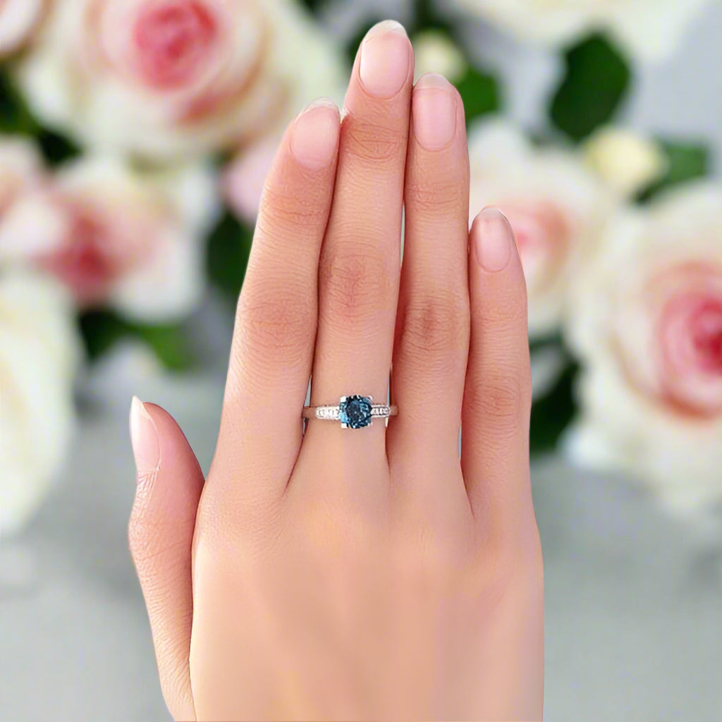 14k White Gold Ct London Blue Topaz Natural Diamond Ring