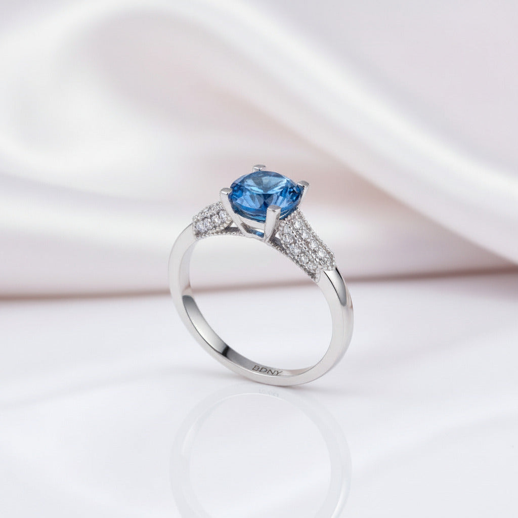 14k White Gold 1.2 Ct London Blue Topaz & Diamond Option Ring-Black Diamonds New York