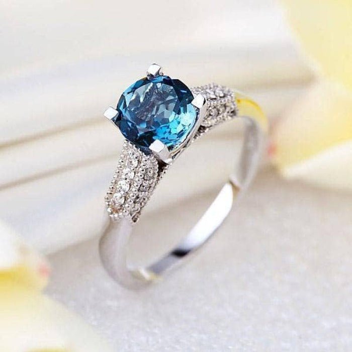 14K White Gold 1.2 Ct London Blue Topaz & Natural Diamond Ring-Black Diamonds New York