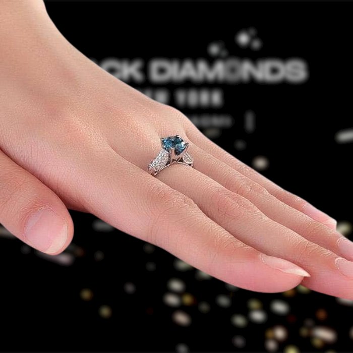 14K White Gold 1.2 Ct London Blue Topaz & Natural Diamond Ring-Black Diamonds New York