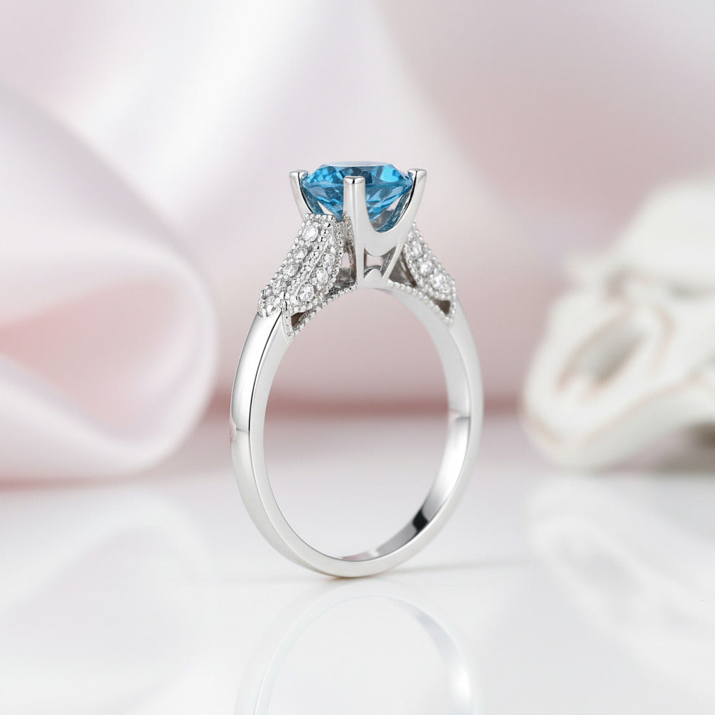 14k White Gold 1.2 Ct London Blue Topaz & Diamond Option Ring-Black Diamonds New York