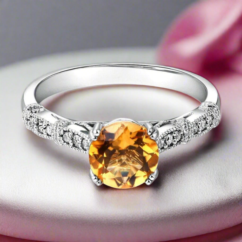 14k White Gold 1.2ct Citrine Natural Diamond Ring-Black Diamonds New York