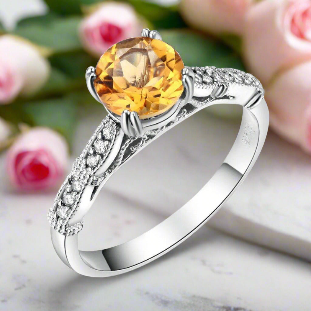 14k White Gold 1.2ct Citrine Natural Diamond Ring-Black Diamonds New York