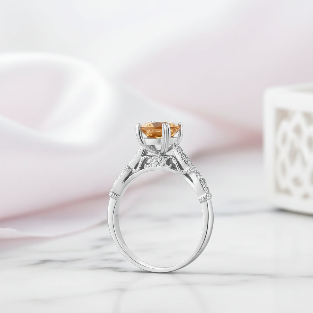 14k White Gold 1.2ct Citrine Gemstone Ring-Black Diamonds New York