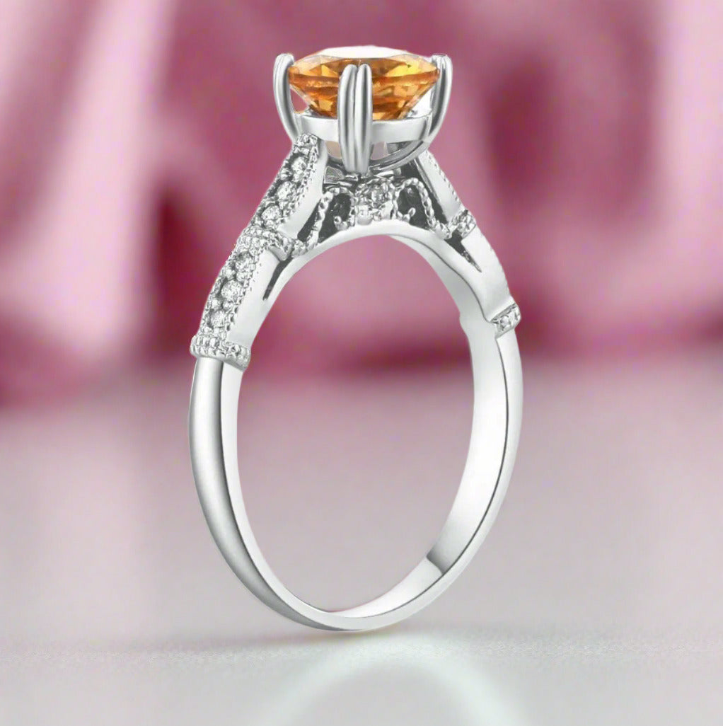 14k White Gold 1.2ct Citrine Natural Diamond Ring-Black Diamonds New York