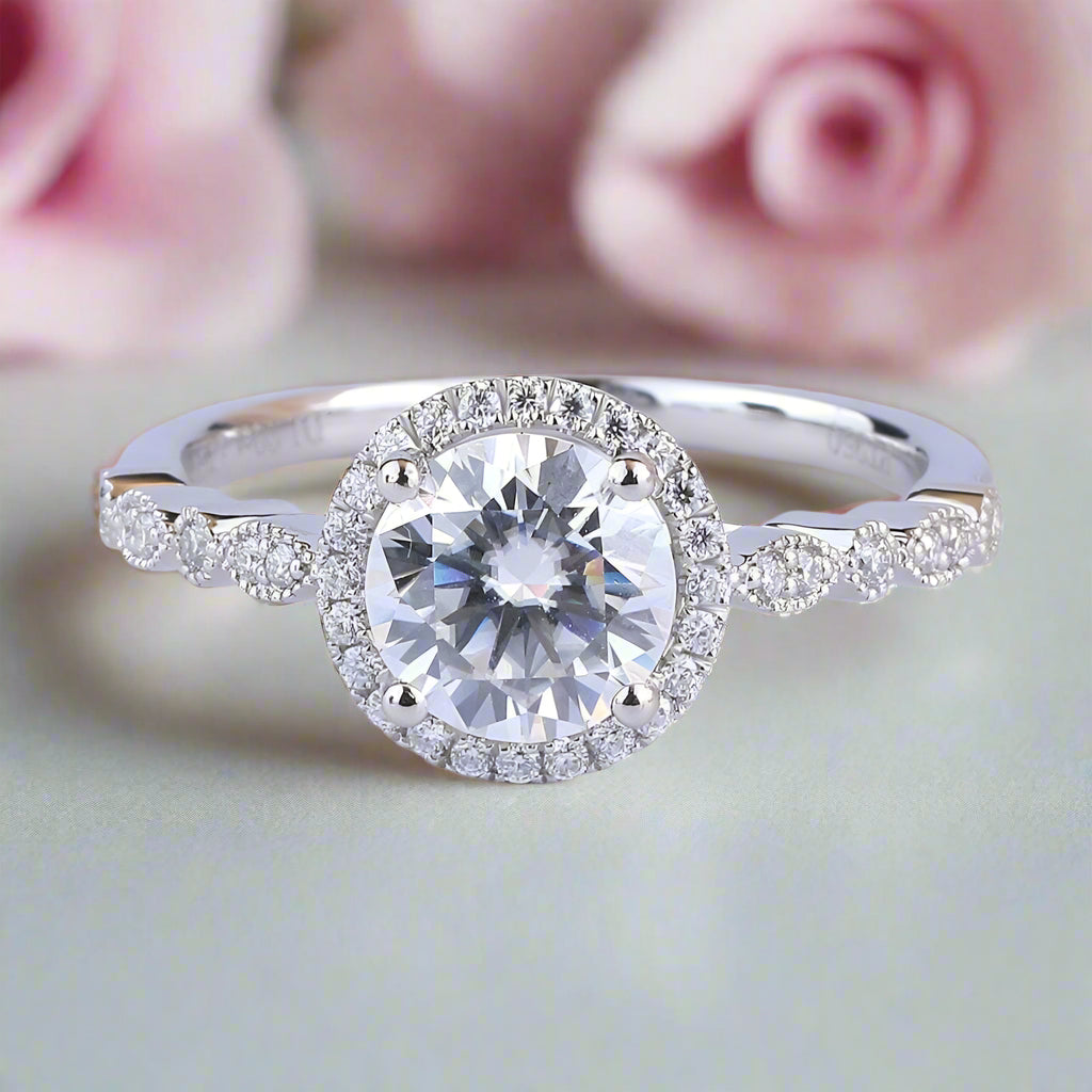 14k White Gold 1.2 Ct Round Cut Diamond VVS1 Halo Engagement Ring-Black Diamonds New York