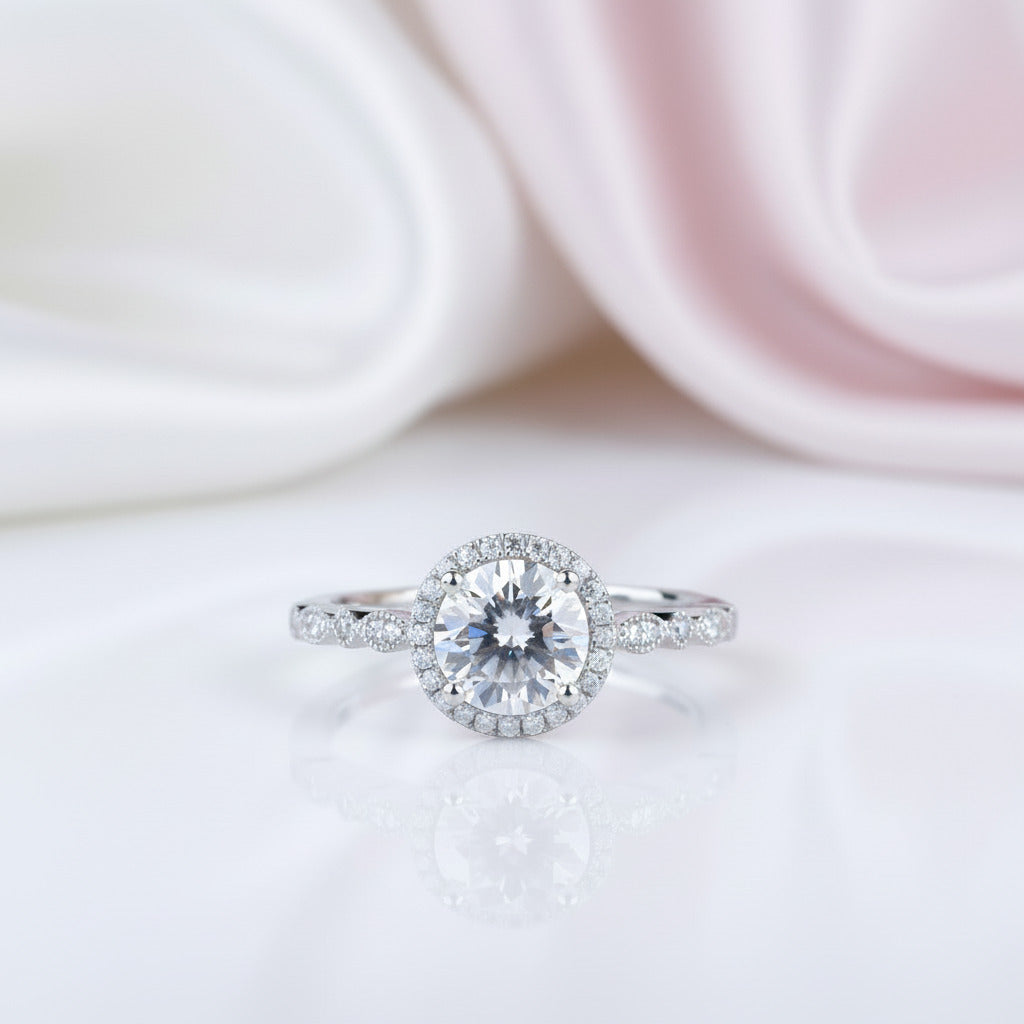 14k White Gold 1.2 Ct Round Cut Diamond Option VVS1 Halo Engagement Ring-Black Diamonds New York