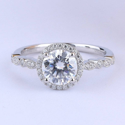 14k White Gold 1.2ct Round Cut Moissanite VVS1 Halo Engagement Ring-Black Diamonds New York