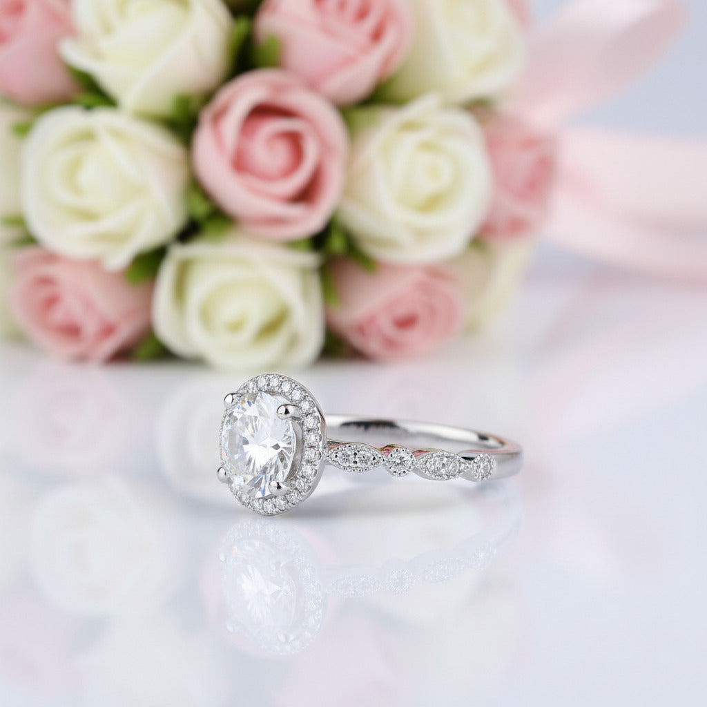14k White Gold 1.2 Ct Round Cut Diamond Option VVS1 Halo Engagement Ring-Black Diamonds New York