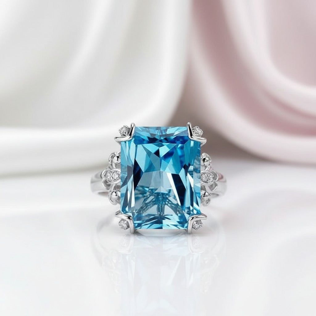 14K White Gold 13ct Swiss Blue Topaz Diamond Option Ring-Black Diamonds New York