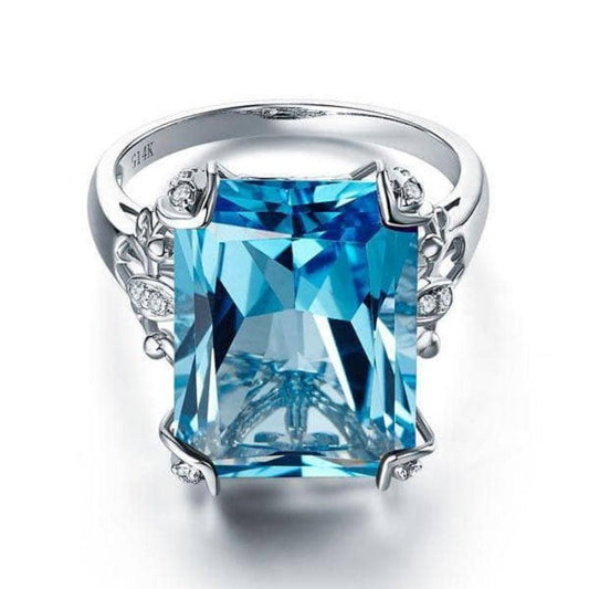 14K White Gold 13ct Swiss Blue Topaz Diamond Ring-Black Diamonds New York