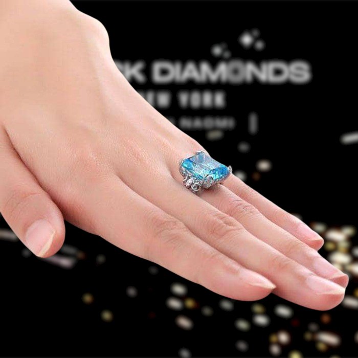 14K White Gold 13ct Swiss Blue Topaz Diamond Ring - Black Diamonds New York