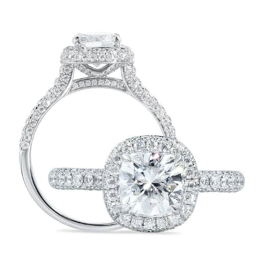 14k White Gold 1.5ct 7mm Cushion Cut Moissanite Halo Engagement Ring - Black Diamonds New York