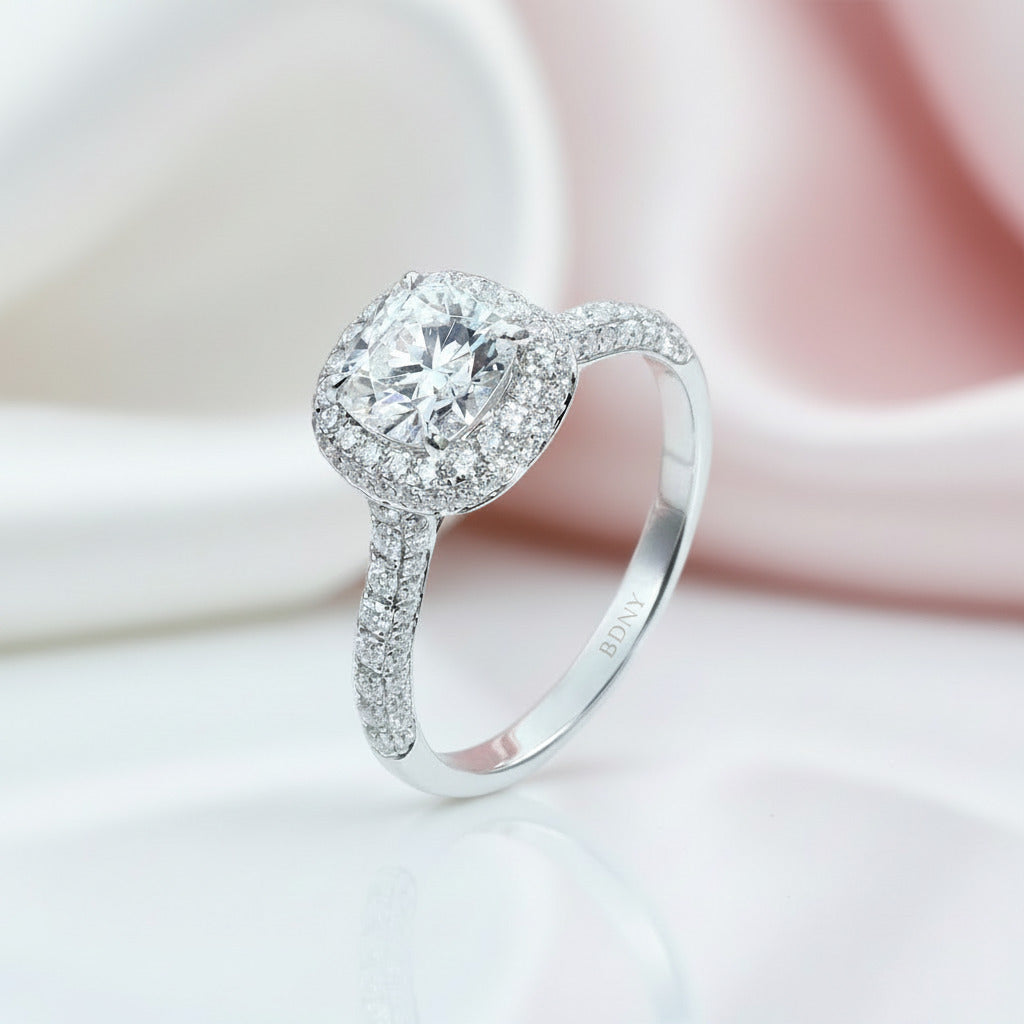 14k White Gold 1.5ct 7mm Cushion Cut Diamond Option Halo Engagement Ring-Black Diamonds New York