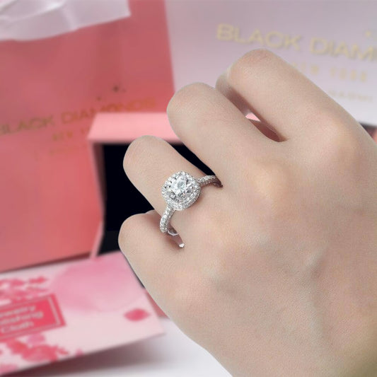 14k White Gold 1.5ct 7mm Cushion Cut Diamond Halo Engagement Ring-Black Diamonds New York
