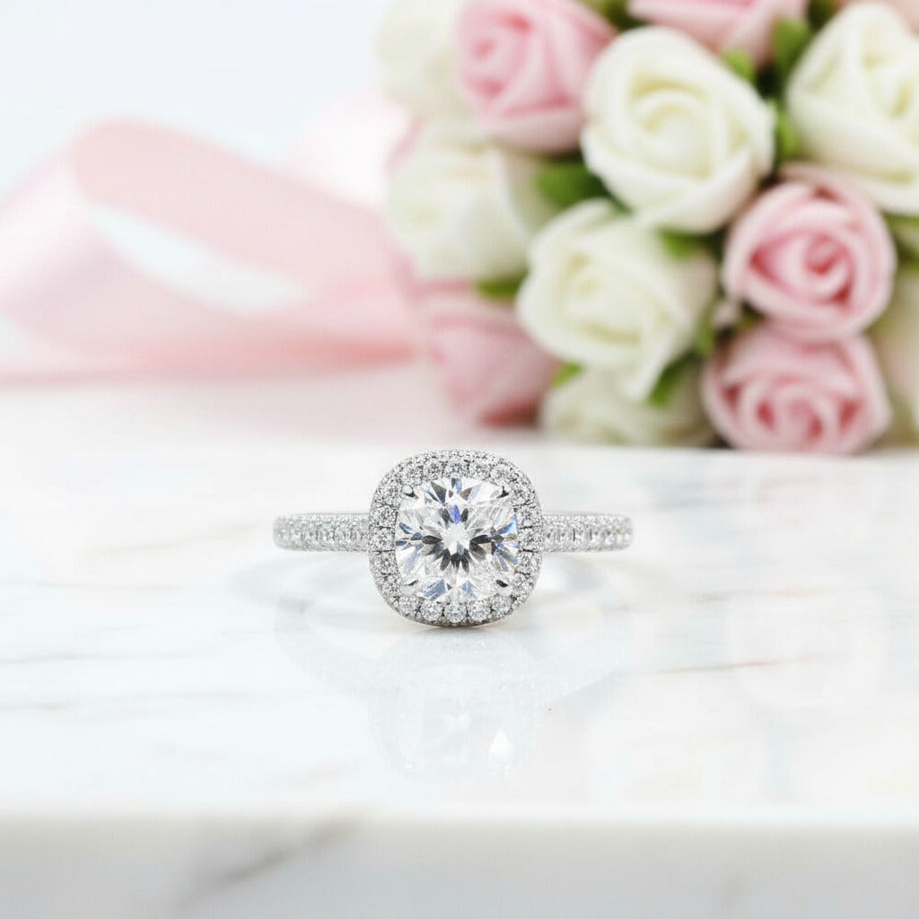 14k White Gold 1.5ct 7mm Cushion Cut Diamond Option Halo Engagement Ring-Black Diamonds New York