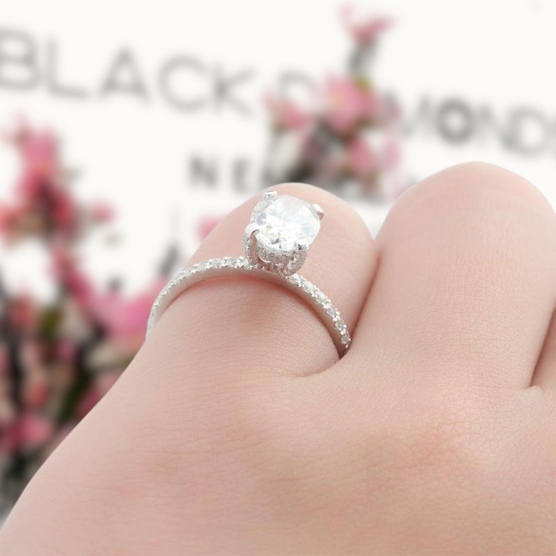 14K White Gold 1.5ct Oval Cut Moissanite Halo Engagement Ring - Black Diamonds New York