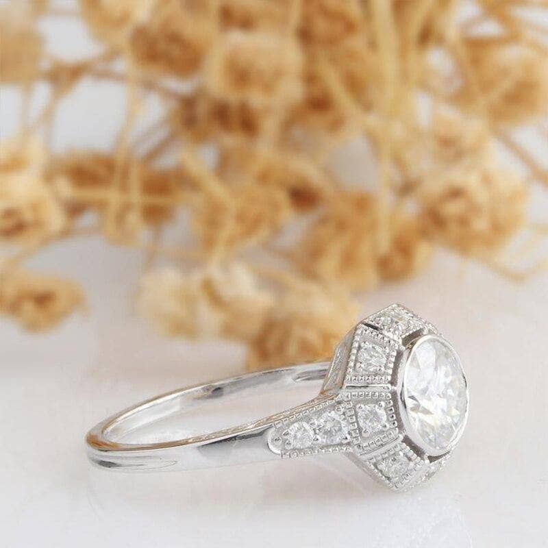 14K White Gold 1ct 6.5mm Moissanite Engagement Ring - Black Diamonds New York