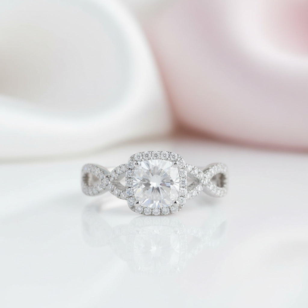 14k White Gold 1.0 Ct Cushion Cut Diamond Option Halo Twist Band Engagement Ring-Black Diamonds New York