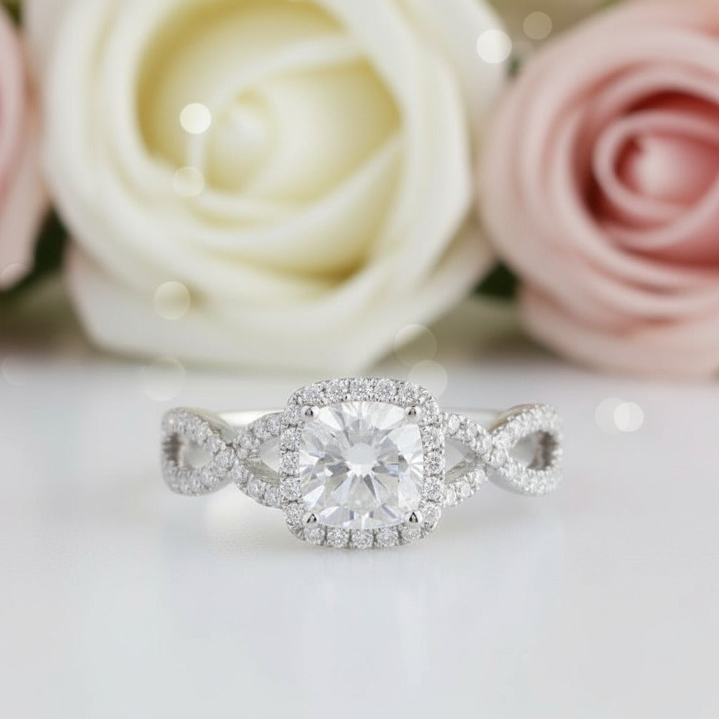 14k White Gold 1.0 Ct Cushion Cut Diamond Halo Twist Band Engagement Ring-Black Diamonds New York