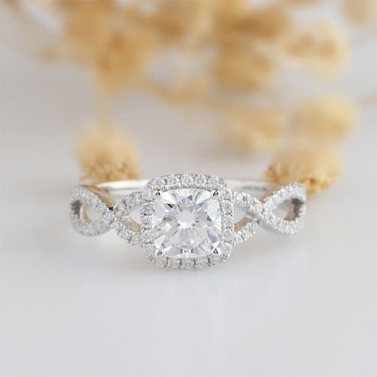 14K White Gold 1ct Cushion Cut Diamond Halo Twist Band Engagement Ring-Black Diamonds New York