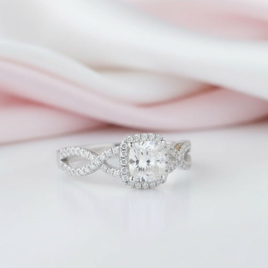 14k White Gold 1.0 Ct Cushion Cut Diamond Option Halo Twist Band Engagement Ring-Black Diamonds New York