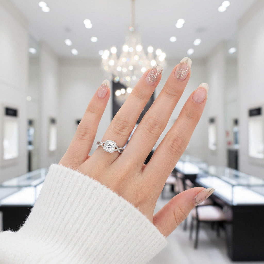 14k White Gold 1.0 Ct Cushion Cut Diamond Option Halo Twist Band Engagement Ring-Black Diamonds New York