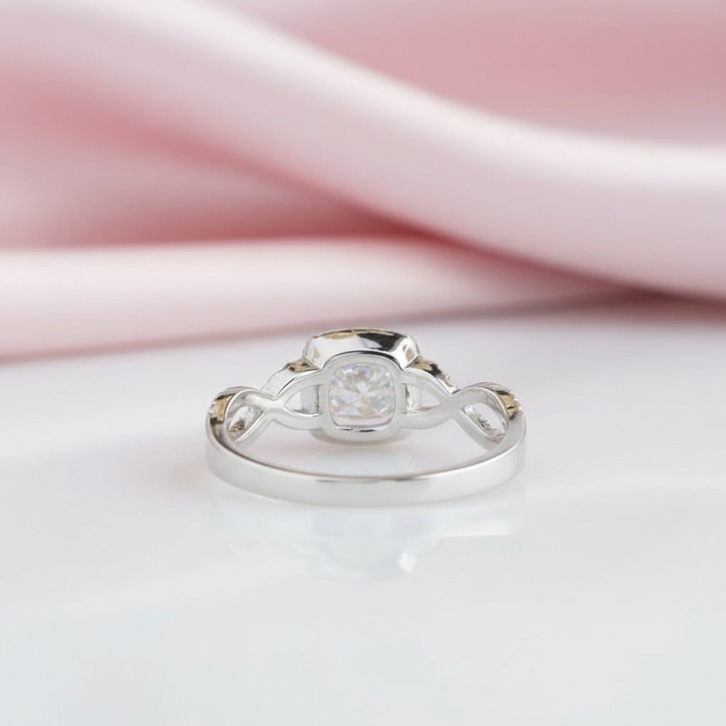 14k White Gold 1.0 Ct Cushion Cut Diamond Option Halo Twist Band Engagement Ring-Black Diamonds New York