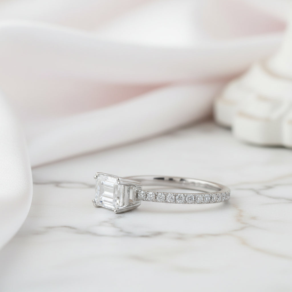 14k White Gold 1ct Emerald Cut Diamond Option Engagement Ring-Black Diamonds New York