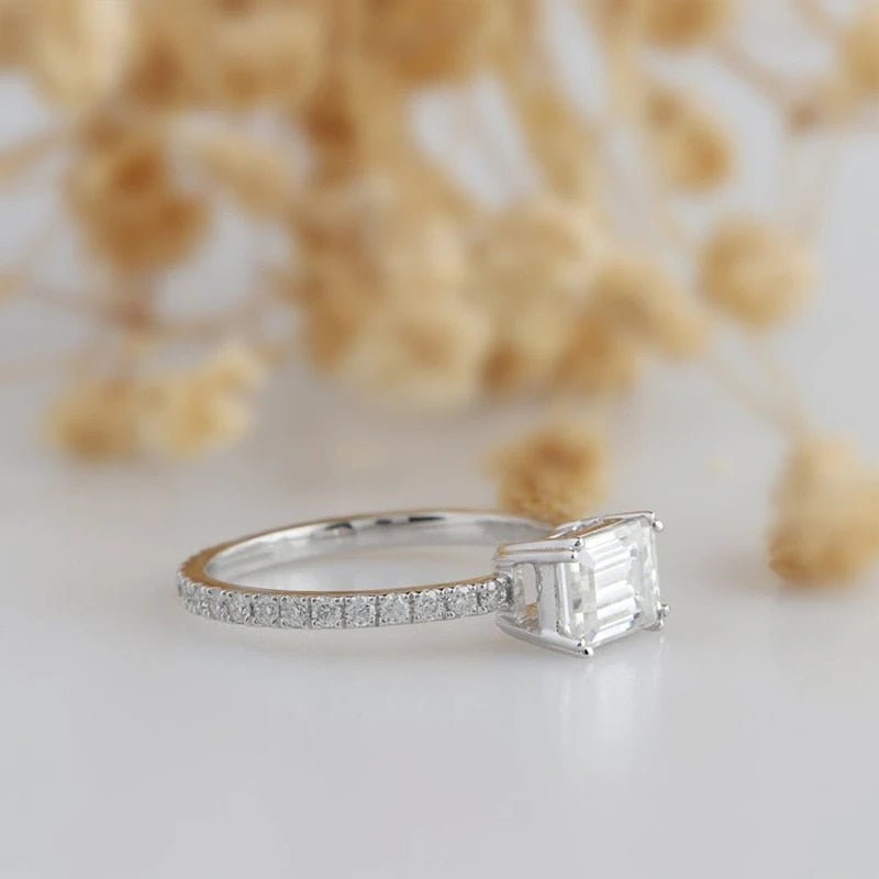 14K White Gold 1ct Emerald Cut Moissanite Engagement Ring-Black Diamonds New York