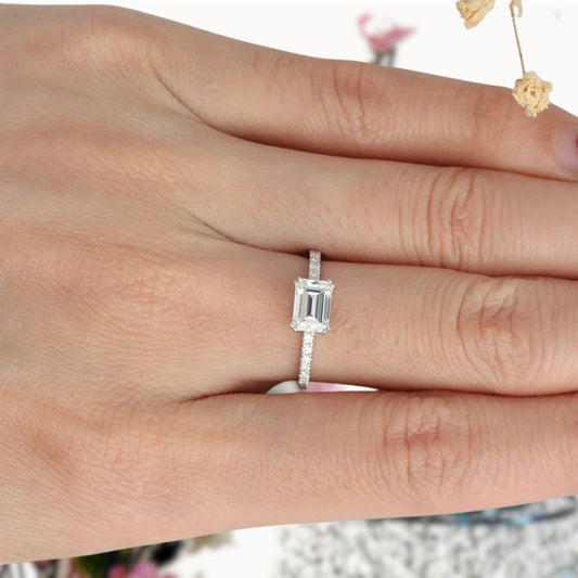 14K White Gold 1ct Emerald Cut Moissanite Engagement Ring - Black Diamonds New York
