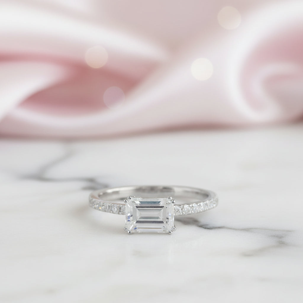 14k White Gold 1ct Emerald Cut Diamond Option Engagement Ring-Black Diamonds New York