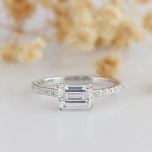 14K White Gold 1ct Emerald Cut Moissanite Engagement Ring-Black Diamonds New York