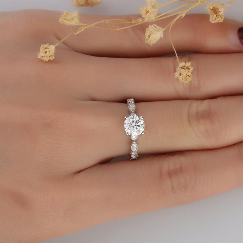 14K White Gold 1ct Moissanite Antique Milgrain Engagement Ring - Black Diamonds New York