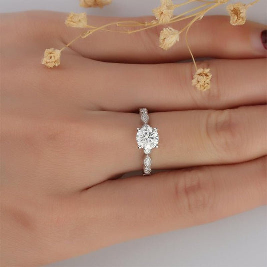 14K White Gold 1ct Moissanite Antique Milgrain Engagement Ring-Black Diamonds New York