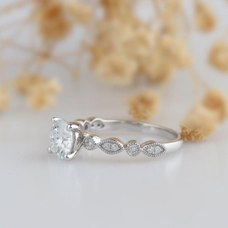 14K White Gold 1ct Diamond Antique Milgrain Engagement Ring-Black Diamonds New York