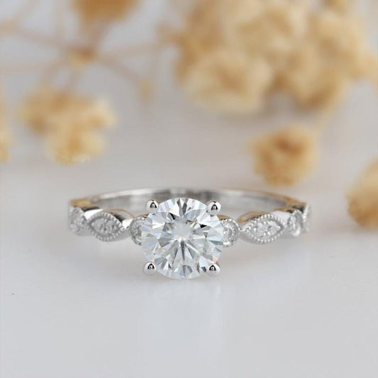 14K White Gold 1ct Moissanite Antique Milgrain Engagement Ring-Black Diamonds New York