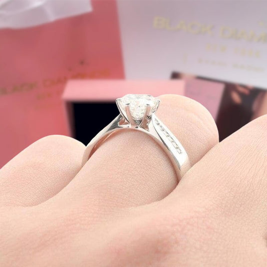 14k White Gold 1ct Moissanite Engagement Ring - Black Diamonds New York