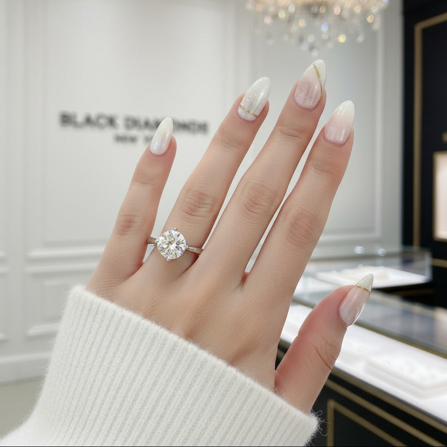 14k White Gold 1ct Diamond Solitaire Ring-Black Diamonds New York