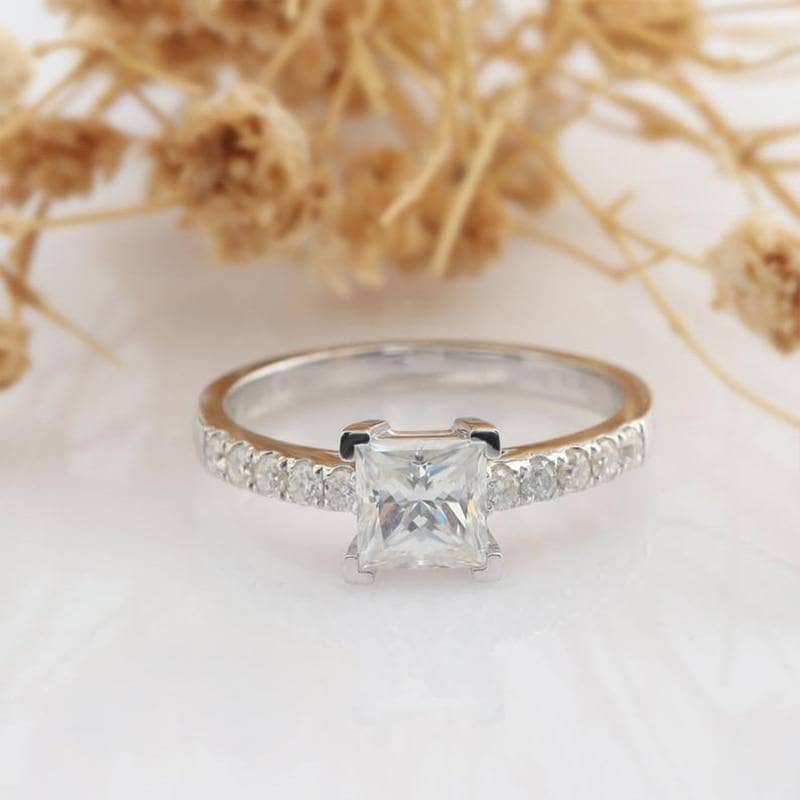 14K White Gold 1ct Princess Cut 5.5mm Moissanite 4 Prong Engagement Ring-Black Diamonds New York