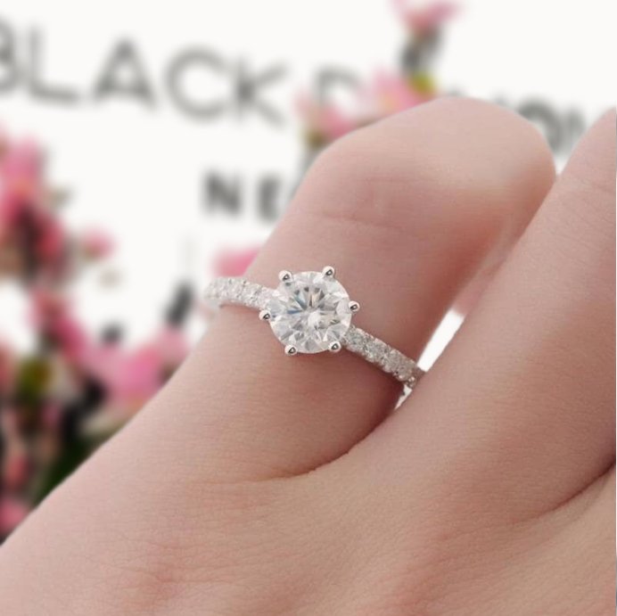14K White Gold 1ct Round Cut Moissanite Classic 6 Prong Engagement Ring-Black Diamonds New York