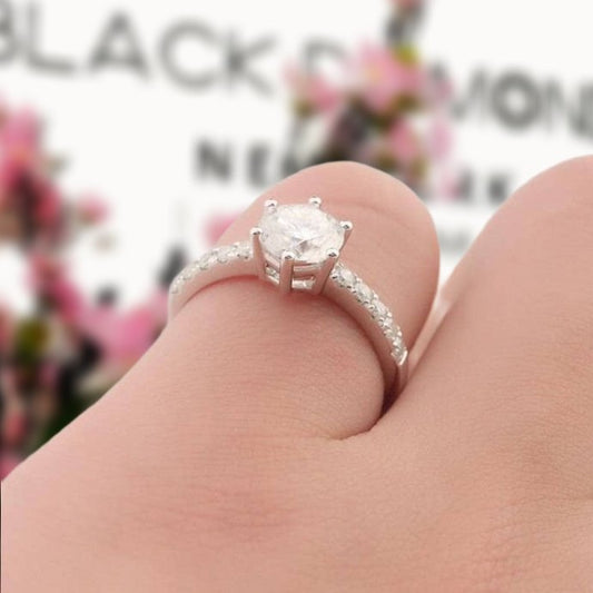 14K White Gold 1ct Round Cut Moissanite Classic 6 Prong Engagement Ring-Black Diamonds New York